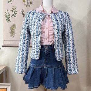 Blue Floral Linen Quilted Bow Detail Boxy Jacket Cottagecore Prairie Coquette XS